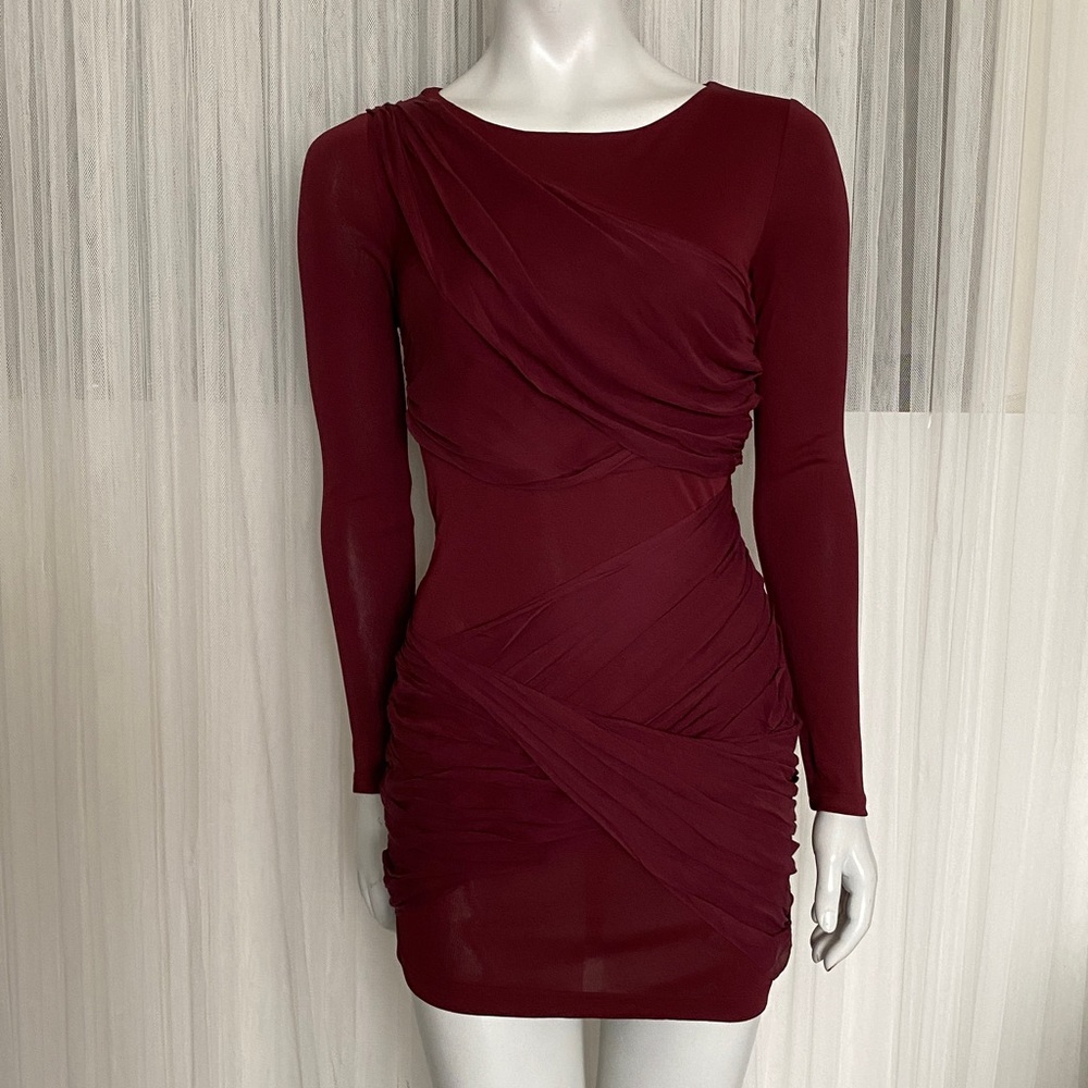 Alice + Olivia Elegant Burgundy Long Sleeve Silk Mini Drape Dress Size 0